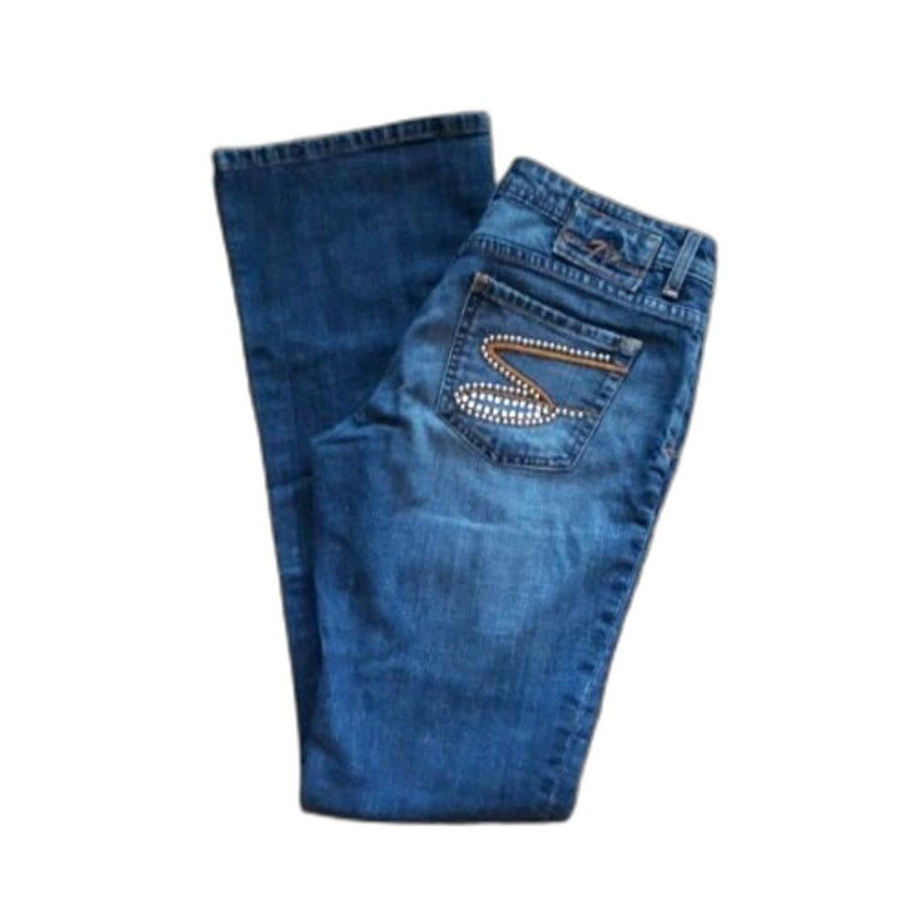 Seven7 Womens Sz 30 Denim Blue Jeans Classic Flare Studs Rhinestones Pocket